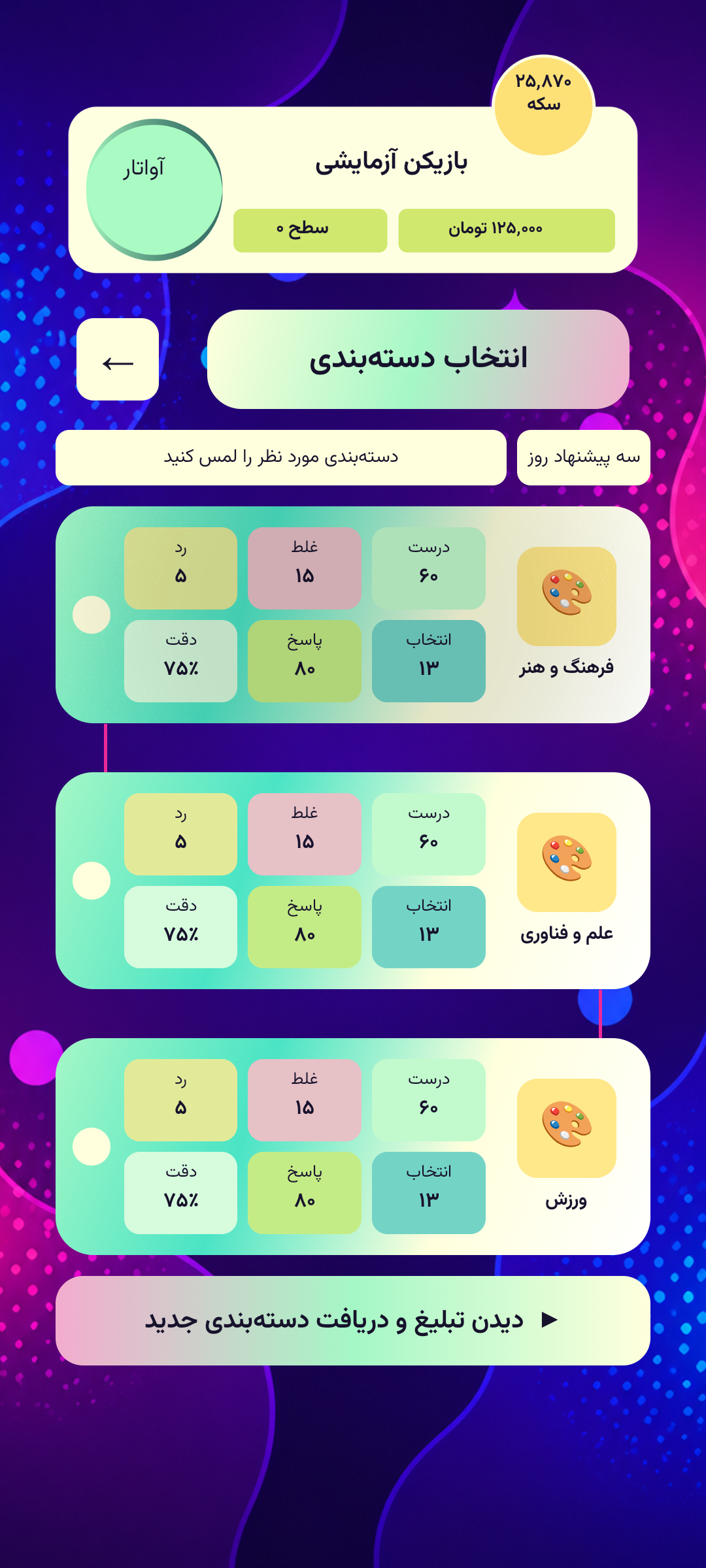 انتخاب دستهبندی برای رقابت در سؤالهای بازی سینجیم